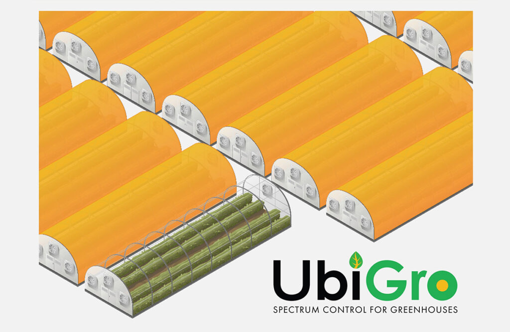 Schematic of UbiGro Cover, a new product that leverages twin-screw extrusion to incoroporate fluoresent quantum dots into the roofing of greenhouses. UbiGro Cover 590 (orange) is launching for pilot projects in early 2023. Photo credit: UbiQD, Inc.