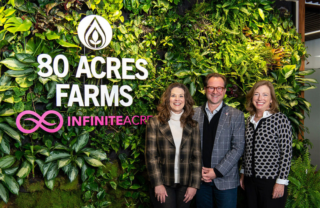 Siemens technology and capital is aiding 80 Acres Farms and its technology subsidiary, Infinite Acres, in expansion to meet global food supply demands. Tisha Livingston, CEO Infinite Acres, Mike Zelkind, CEO 80 Acres, and Barbara Humpton, President and CEO of Siemens USA (left to right)