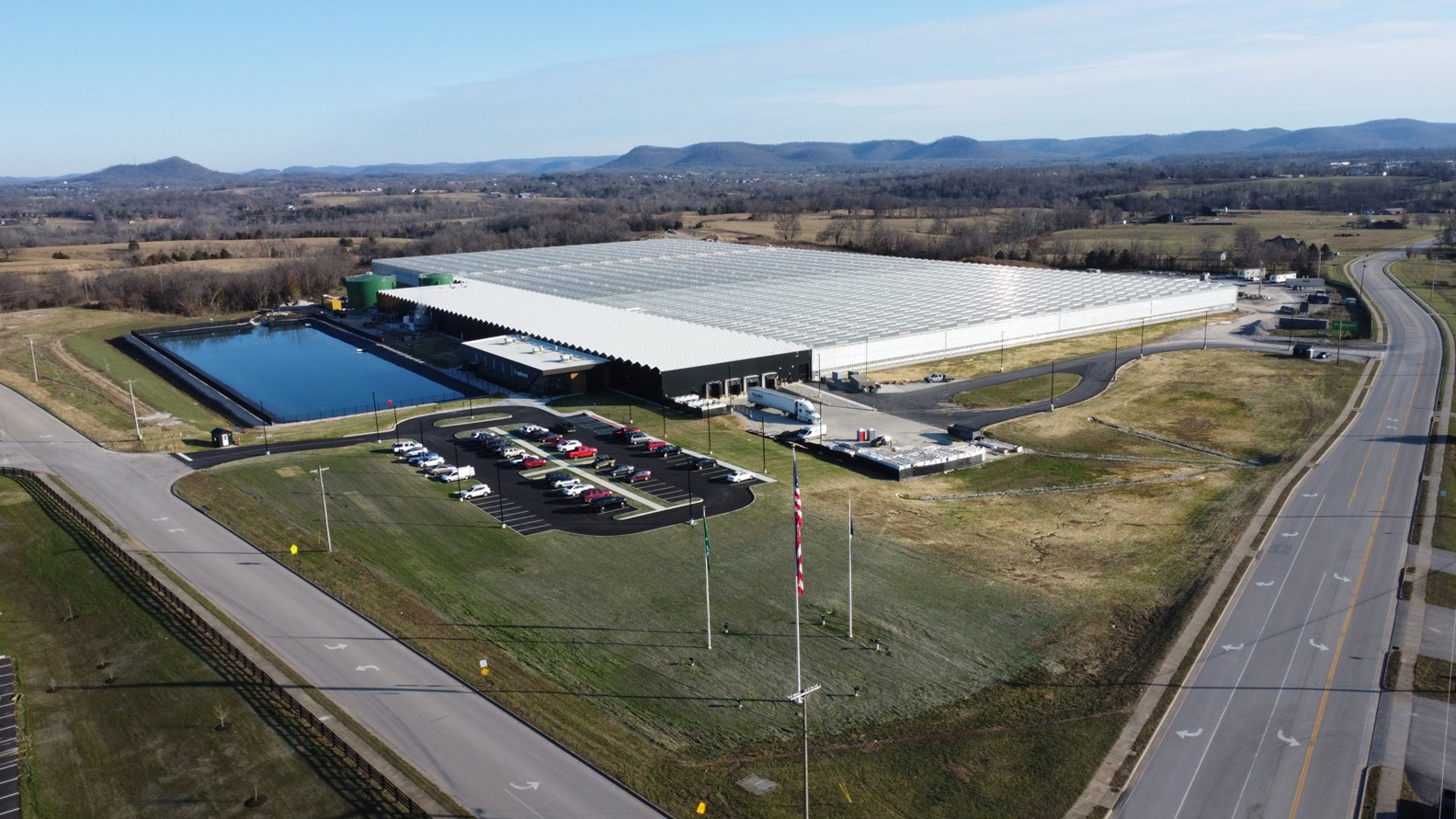 Aerial view of the AppHarvest indoor farm at Berea