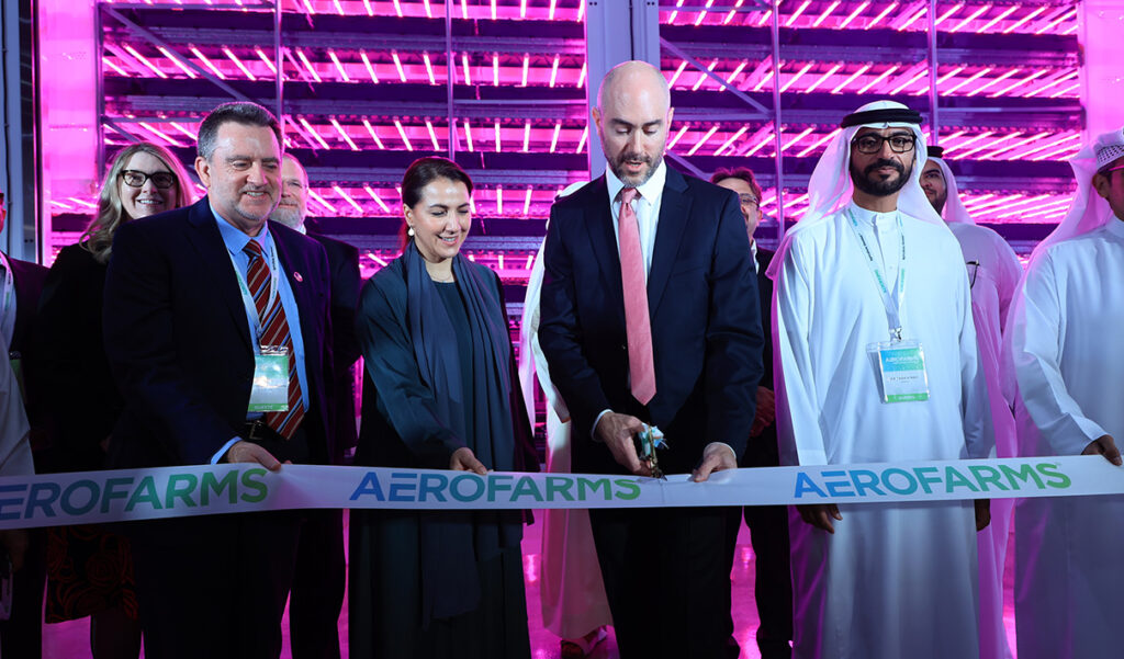 AeroFarms Co-founder and CEO David Rosenberg cuts the ribbon with Her Excellency Mariam bint Mohammed Saeed Hareb Almheiri, UAE Minister of Climate Change and Environment, to officially open AeroFarms AgX